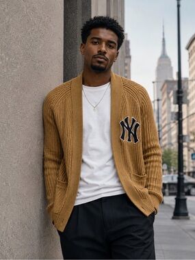 💎 Rare New Era Camel Ribbed Cardigan with NY Patch Mens M